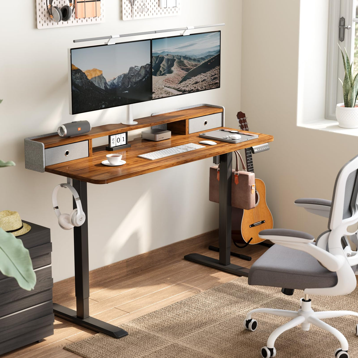 TRALT Electric Standing Desk 48 Inch Height with 2 Drawers-Adjustable Height Desk with Storage Shelf - Sit Stand Up Workstation (Rustic Brown, 48X24 Inches) TRALT