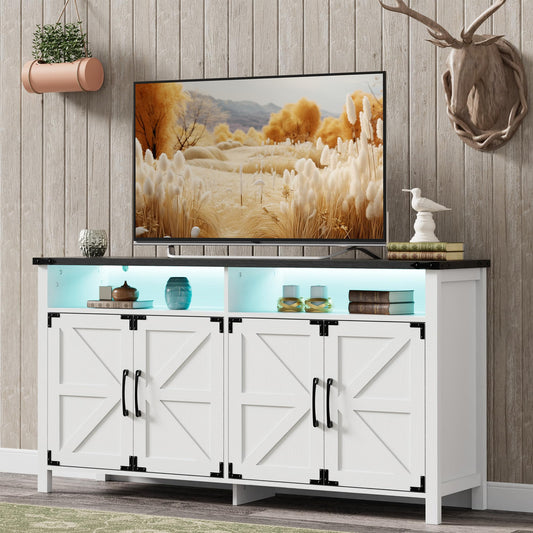 Anbuy LED Sideboard Buffet Cabinet 61'' Large Kitchen Storage Cabinet Farmhouse Buffet with Storage Coffee Bar with Black Top for Dinning Room, Kitchen, Hallway, and Living Room, White - WoodArtSupply