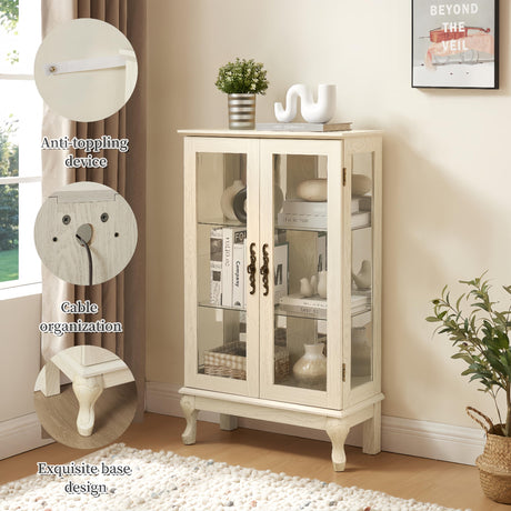 Vintage-Style 2-Door Illuminated Curio Cabinet with Mirrored Back, Adjustable Tempered Glass Shelves & Metal Handles - 43.79" H x 25.99" W x 11.8" D for Home/Office Display Generic