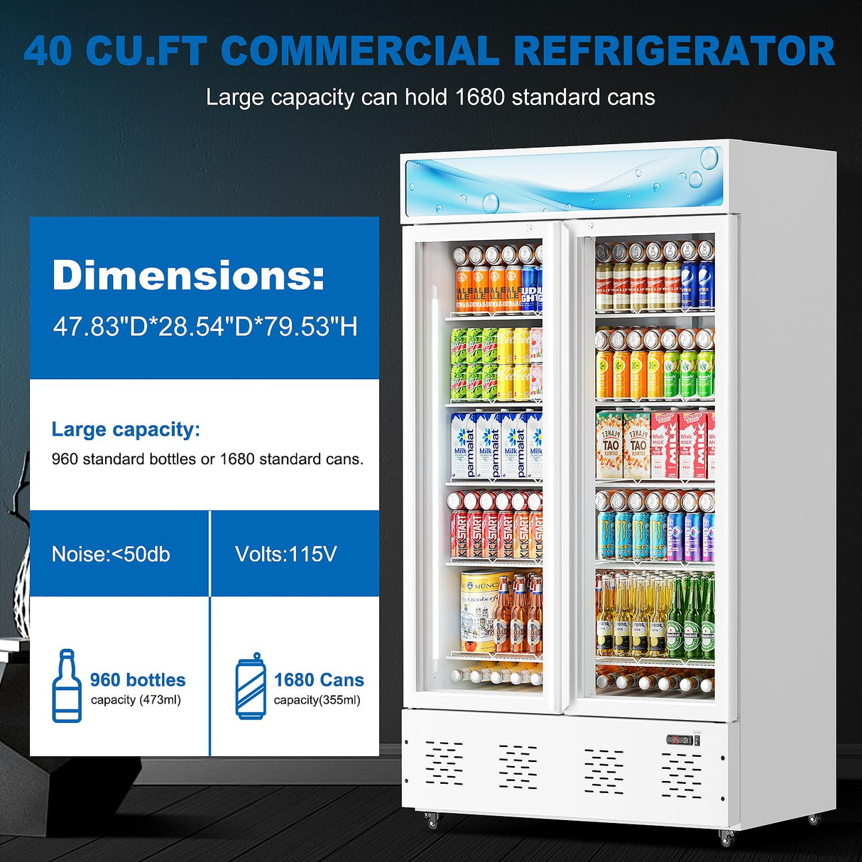 40 Cu.ft Commercial Beverage Refrigerators Glass Door Refrigerator Commercial with LED Light and 10 Shelves, Display Refrigerator for Restaurant Store Cafe Bar, ETL/NSF Approved, White ECEVT