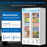 40 Cu.ft Commercial Beverage Refrigerators Glass Door Refrigerator Commercial with LED Light and 10 Shelves, Display Refrigerator for Restaurant Store Cafe Bar, ETL/NSF Approved, White ECEVT