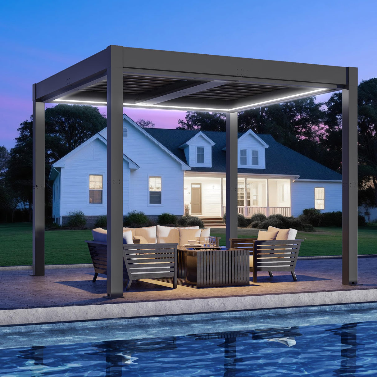 Greesum 10x10FT Outdoor Aluminum Pergola, Electric Adjustable Louvered Pergola with LED Lights and Gutter System, Metal Gazebo for Patio, Deck, Garden, Yard, Black Greesum