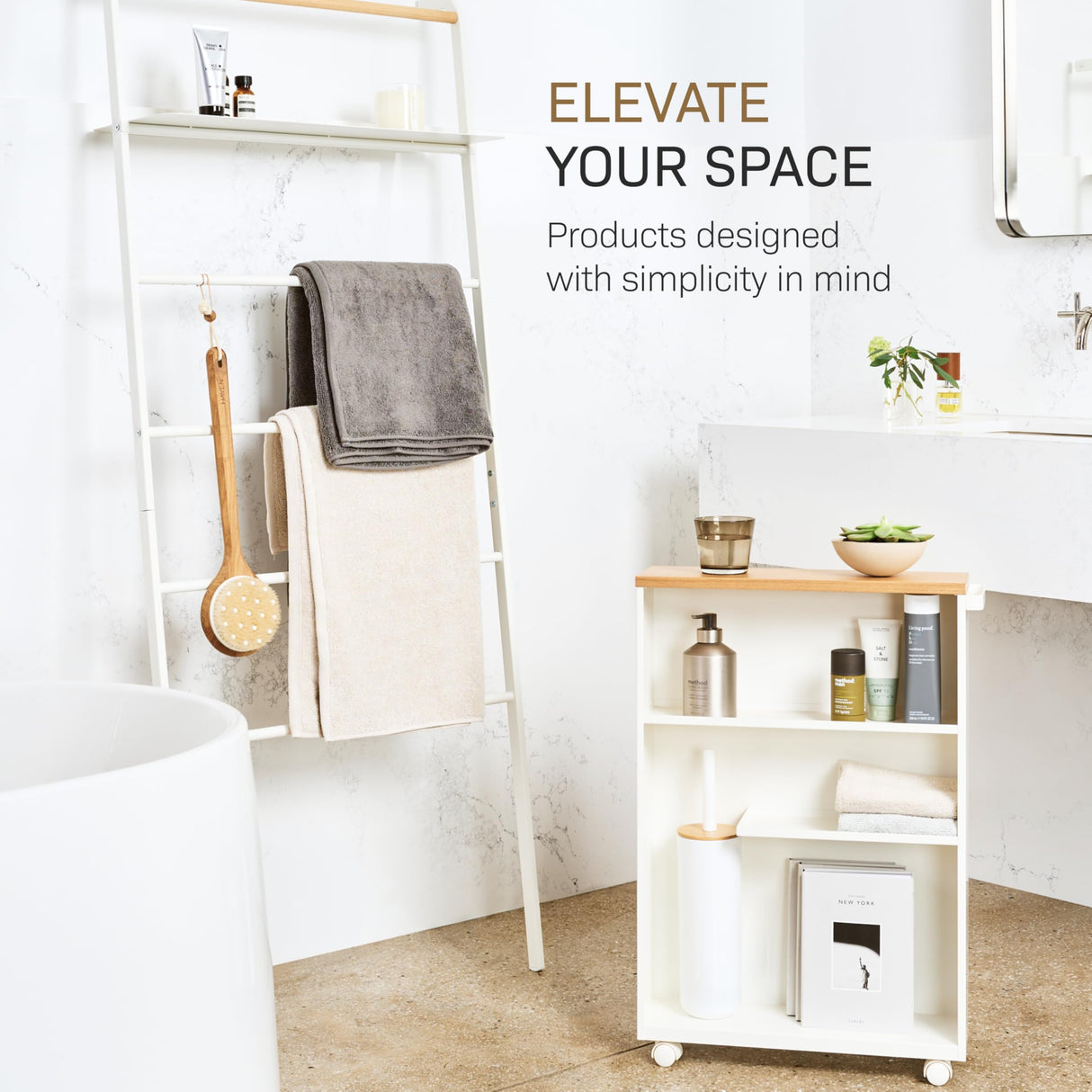 YAMAZAKI Home Slim Rolling Storage Cart – Narrow Bathroom Storage Cabinet with Handle, Slim Bathroom Storage Cart with Wheels, Easy Assembly, Steel + Wood, White YAMAZAKI