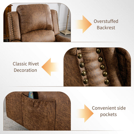 HAOMARKETS Classic Power Recliner Chair with Massage and Heat, Breathable Faux Leather Electric Recliner with USB Port, Overstuffed Reclining Sofa with Rivets for Living Room, Brown HAOMARKETS