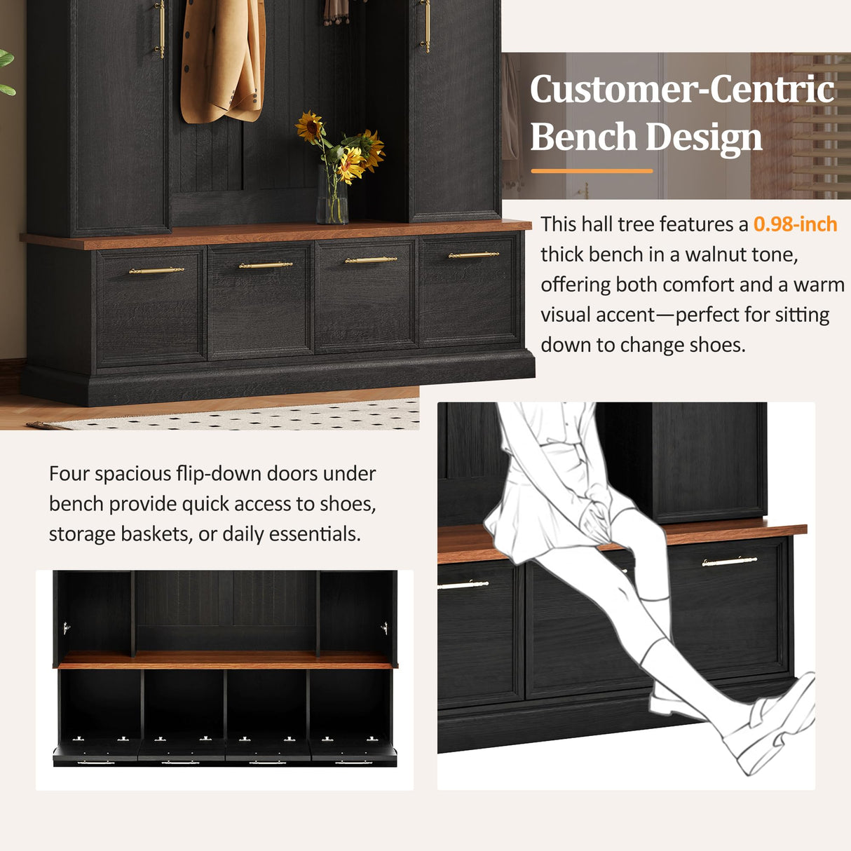 Merax 59" Farmhouse Hall Tree with Golden Hooks & Walnut Bench, Entryway Organizer with Adjustable Shelves, Shoe Storage, Anti-Tip for Mudroom, Living Room, Black Merax