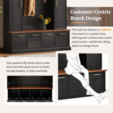 Merax 59" Farmhouse Hall Tree with Golden Hooks & Walnut Bench, Entryway Organizer with Adjustable Shelves, Shoe Storage, Anti-Tip for Mudroom, Living Room, Black Merax