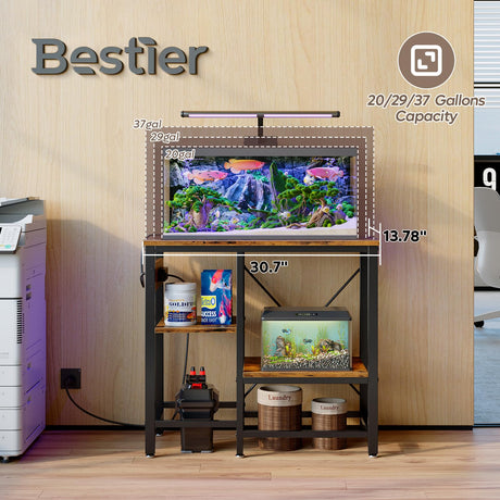 Bestier 20-29-37 Gallon Fish Tank Stand with Power Outlet, 30x13 Metal Aquarium Stand, 6-Leg Reptile Tank Stand with 3-Tier Adjustable Storage Shelves, 400LBS Capacity Bestier