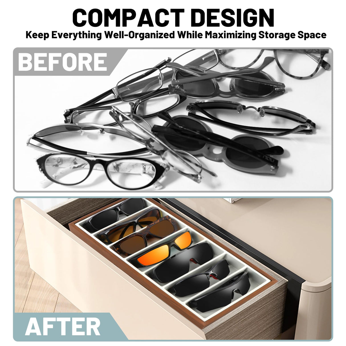 Homeanda Wooden Sunglasses Organizer Tray, Eyeglasses Display Case, Sun Glasses Storage Box, Eyewear Jewelry Tray, Wood Frame Glasses Holder (7 Grids) Homeanda