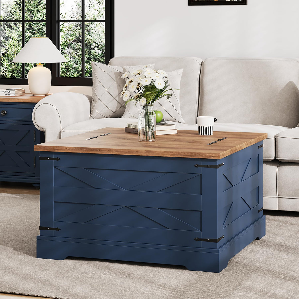 BestHaped Farmhouse Coffee Table with Hidden Storage, Navy Blue Square Coffee Table for Living Room, Wood Large Center Table with Hinged Lift Top for Home, Office BestHaped