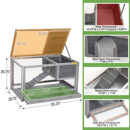 COZIVVOVV 2 Story Wooden Rabbit Hutch Indoor&Outdoor Bunny Cage with Pull Out Tray, Openable Roof, Side Door and Anti-Slip Ramp, Small Animal House(Grey) - WoodArtSupply