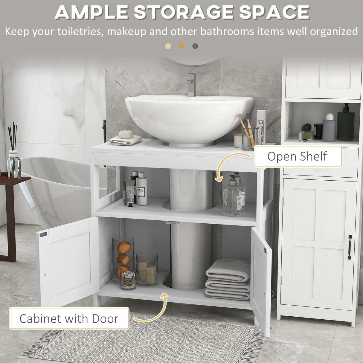 kleankin Pedestal Sink Storage Cabinet, Bathroom Under Sink Cabinet with 2 Doors and Open Shelf, Bathroom Vanity, White kleankin