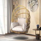 DWVO Foldable Hanging Egg Chair with Cushion, Rattan Wicker Swing Chair Without Stand, 350lbs Capacity, Indoor Outdoor Basket Seat for Balcony, Bedroom, Porch, Garden (Beige) DWVO