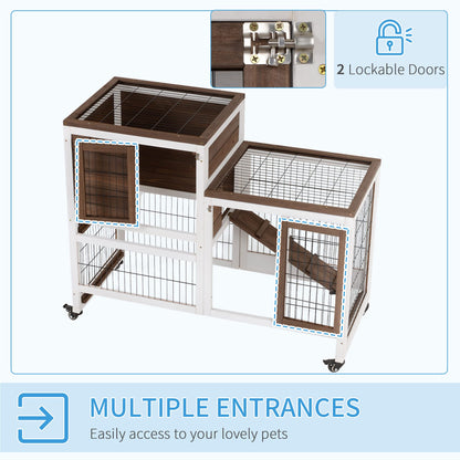 PawHut Wooden Rabbit Hutch Elevated Bunny Cage Indoor Small Animal Habitat with Enclosed Run with Wheels, Ramp, Removable Tray Ideal for Guinea Pigs, Brown