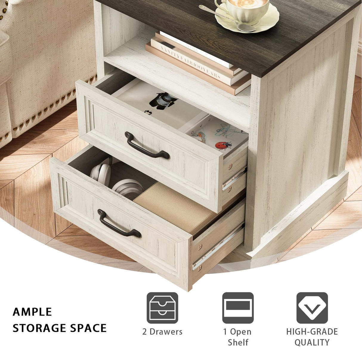 CARPETNAL 20" Farmhouse Nightstand, End Table with 2 Large Drawers & Open Storage, Side Table, Bedside Cabinet for Bedroom, Living Room, White CARPETNAL