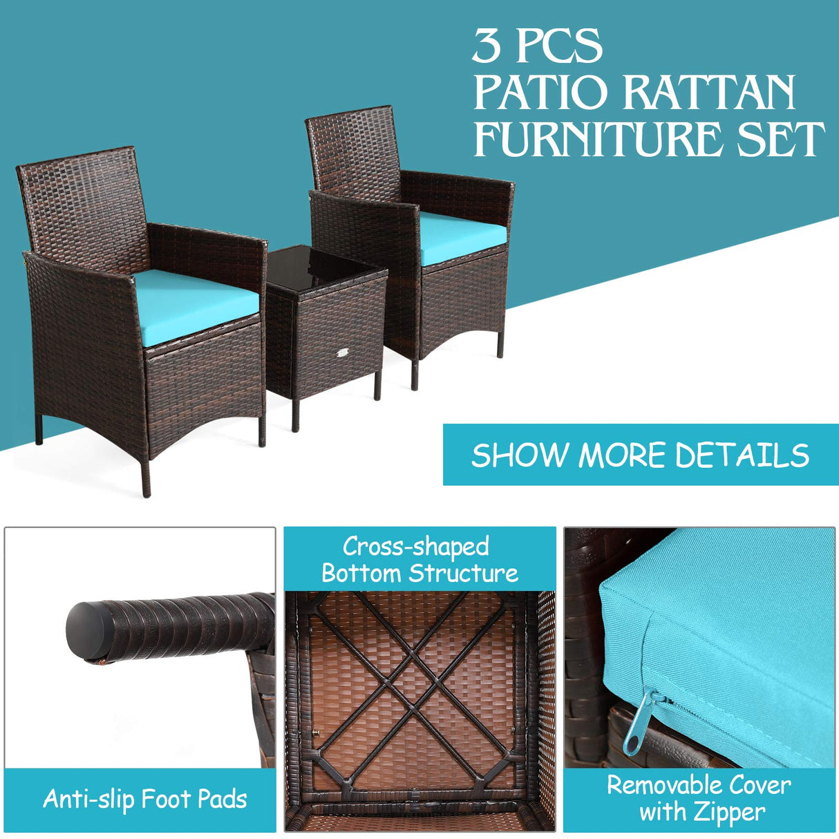 COSTWAY 3 Pieces Patio Rattan Furniture Set, Outdoor Wicker Cushioned Sofa with Tempered Glass Tabletop, Rattan Conversation Set for Porch Yard Balcony Backyard Pool, Turquoise COSTWAY