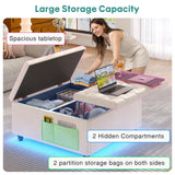 Storage Ottoman Coffee Table,Square Ottoman with Storage & Charging Station and LED Lights,Velvet Buttons Large Ottoman Coffee Table with Lift Top & Solid Wood Legs for Living Room Bedroom (Beige) busyaeh