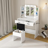 Vanity Desk Set with Mirror, LED Lights and Power Outlet Makeup Table with 2 Large Drawers and Round Holder, Dressing Table with Cushioned Stool for Bedroom, Dressing Room (White) Panana