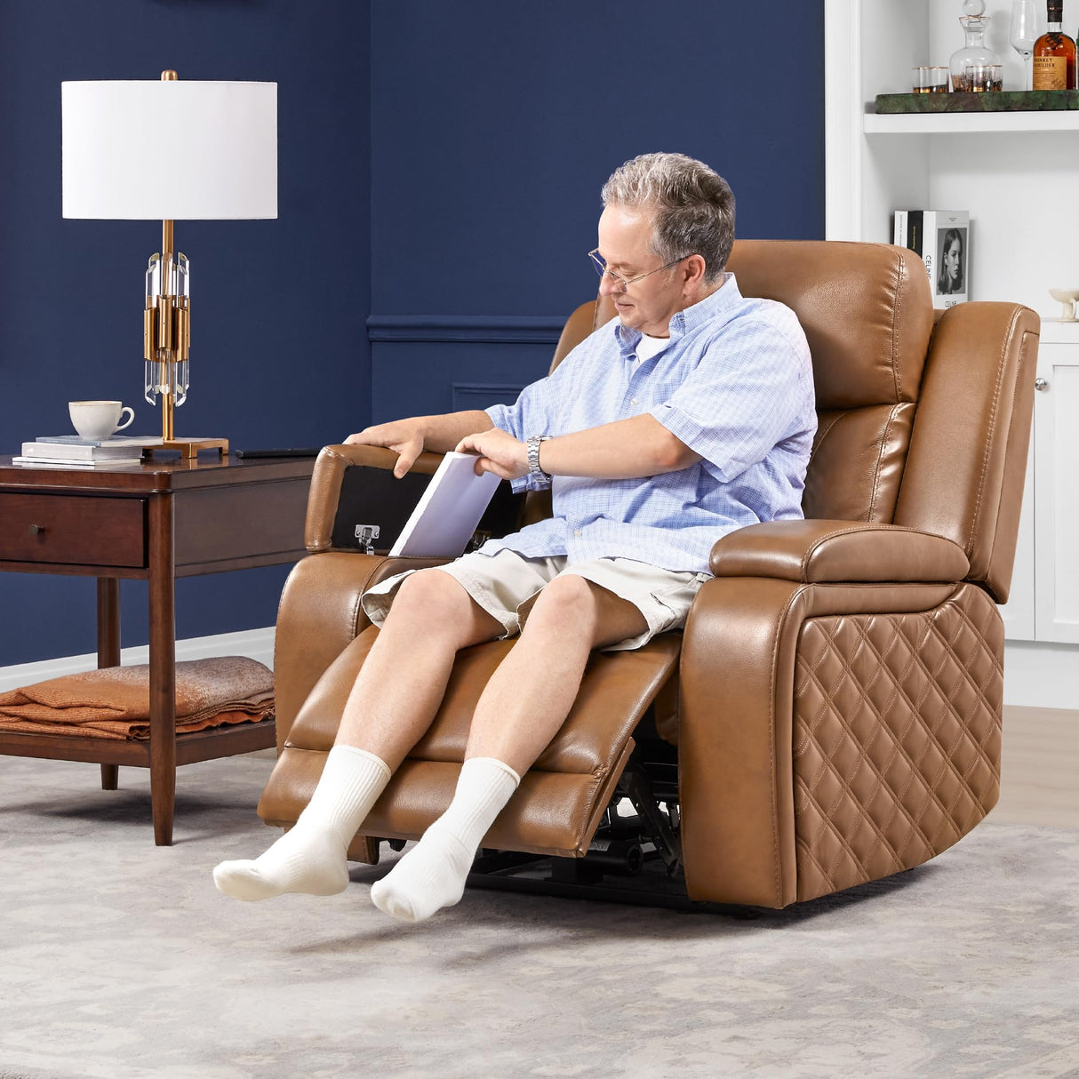 Watson & Whitely Genuine Leather Power Recliner Chairs for Adults, Zero Gravity Recliner with Power Headrest & Hidden Storage, Electric Reclining Sofa Chair for Living Room, Home Office, Saddle Brown Watson & Whitely