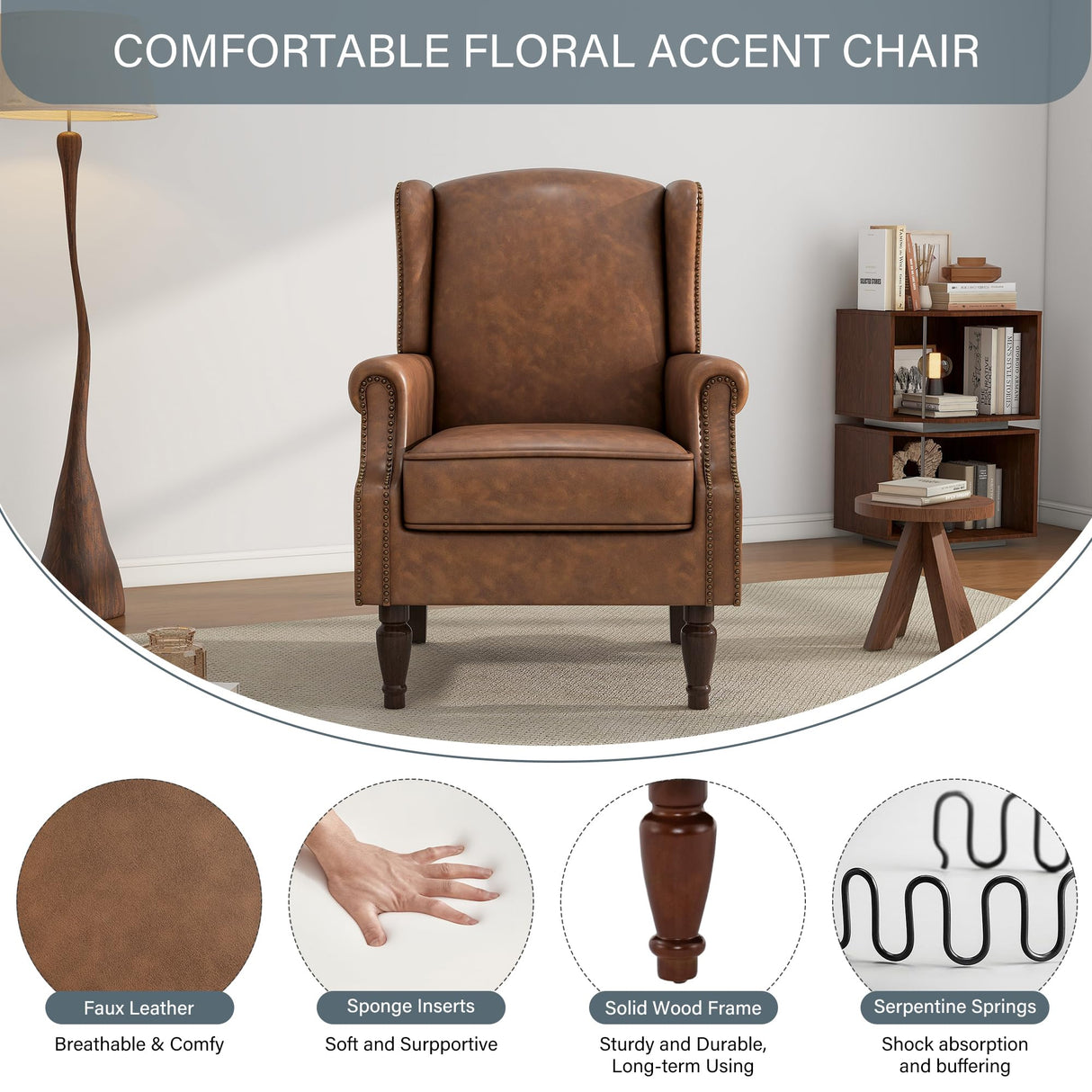 UIXE PU Leather High Back Accent Chair, Upholstered Armchair for Living Room, Retro Wingback Arm Chair Nailhead Trim Single Sofa Bedroom Reading Seat with Solid Wood Legs - Brown UIXE