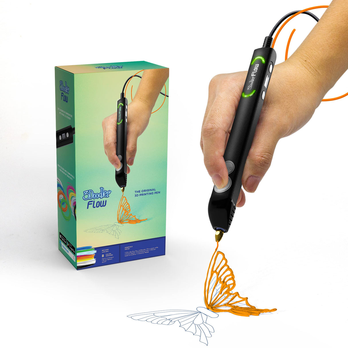3Doodler Flow 3D Printing Pen for Teens, Adults & Creators! - Black - with Free Refill Filaments + Stencil Book + Getting Started Guide 3Doodler