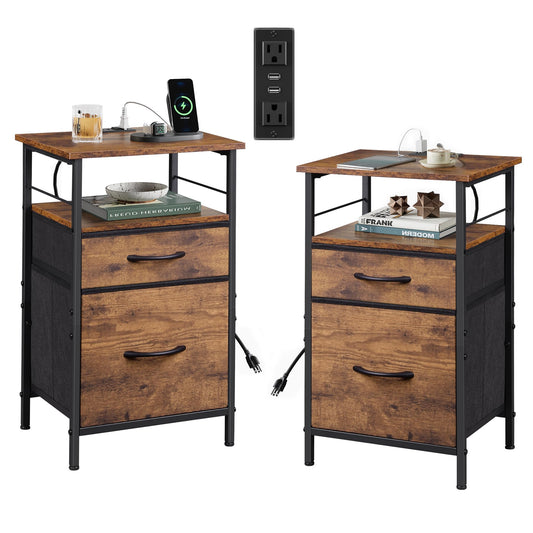 WLIVE Night Stand Set 2, Nightstand with Charging Station, Bedside Tables for Bedroom, Living Room, Side Table with Fabric Drawers, USB Ports and Outlets, Rustic Brown - WoodArtSupply