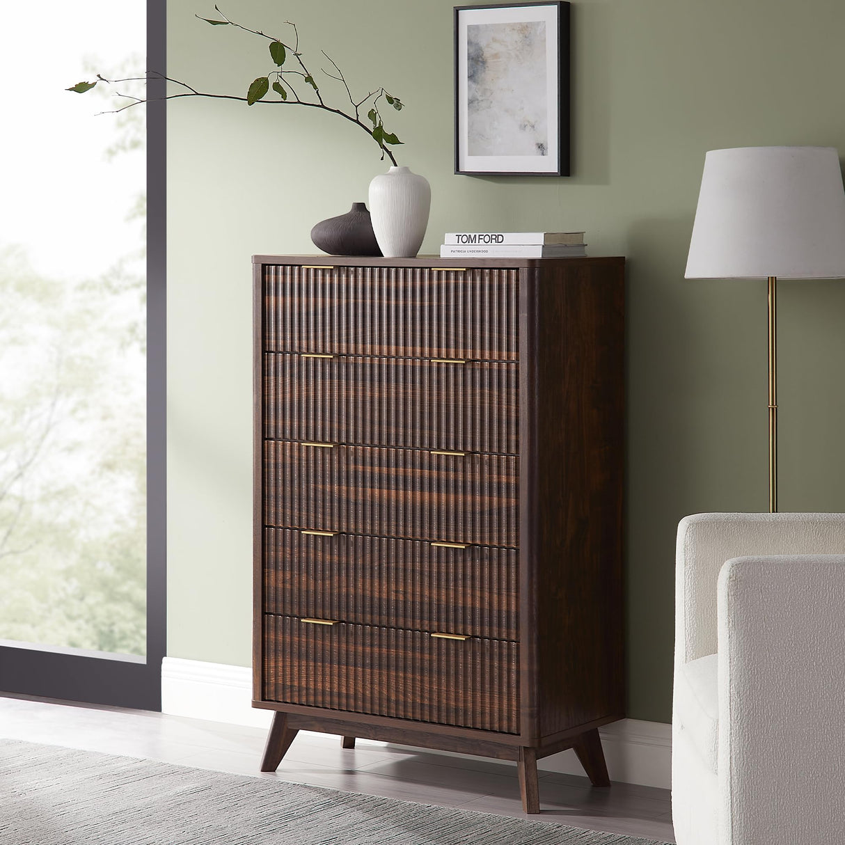 T4TREAM Fluted 5 Drawers Dresser, 48" Tall Modern Chest of Drawers, Curved Profile Design, Wood Drawer Organizer for Bedroom, Living Room, Hallway, Entryway, Dark Walnut T4TREAM