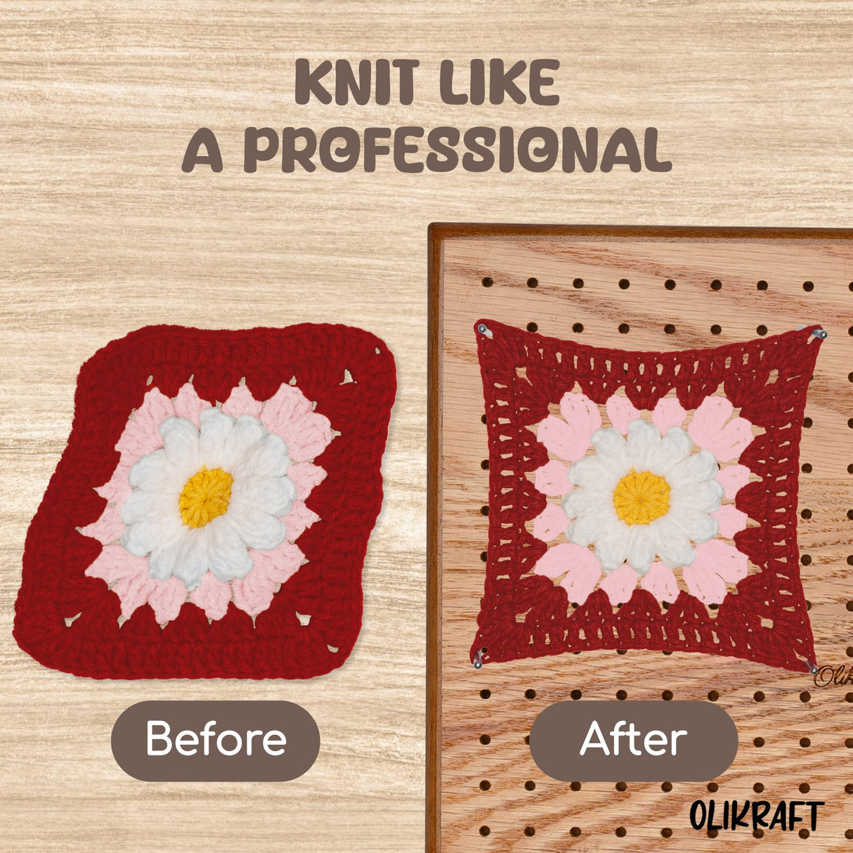 Olikraft 9.5" Crochet Blocking Board with Pegs 50 Pins - Granny Square Blocking Boards for Crochet Projects - Yarn Supplies Tools and Accessories and Gadgets Olikraft