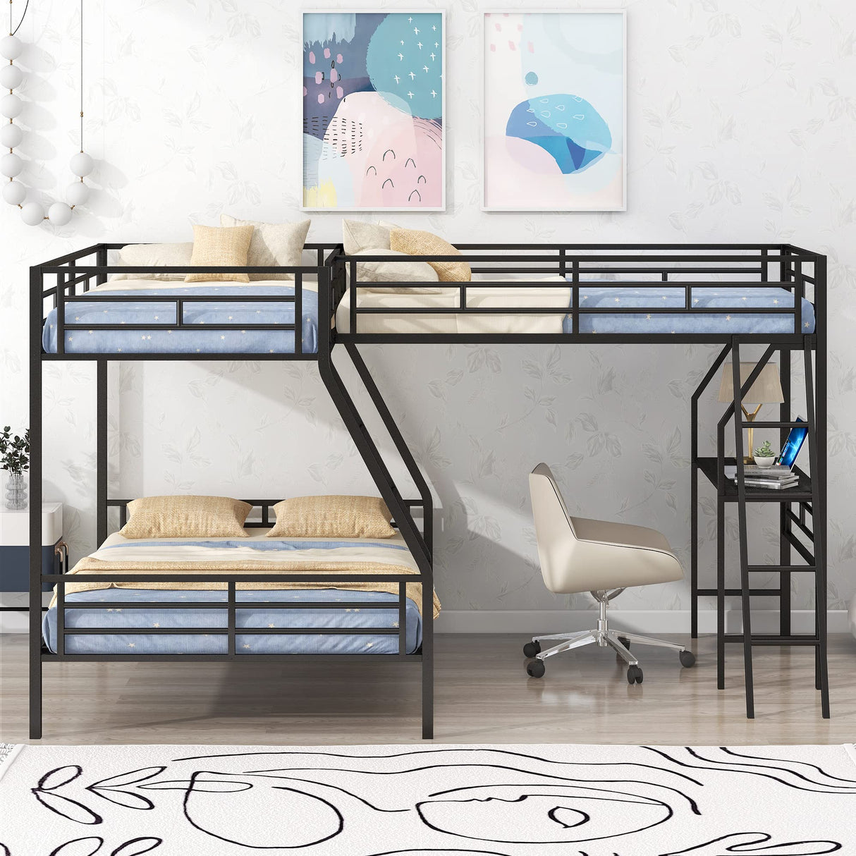 Merax L-Shaped Twin Over Triple Bunk Bed with Desk Ladder and Full Length Guardrails, Metal, Black Merax
