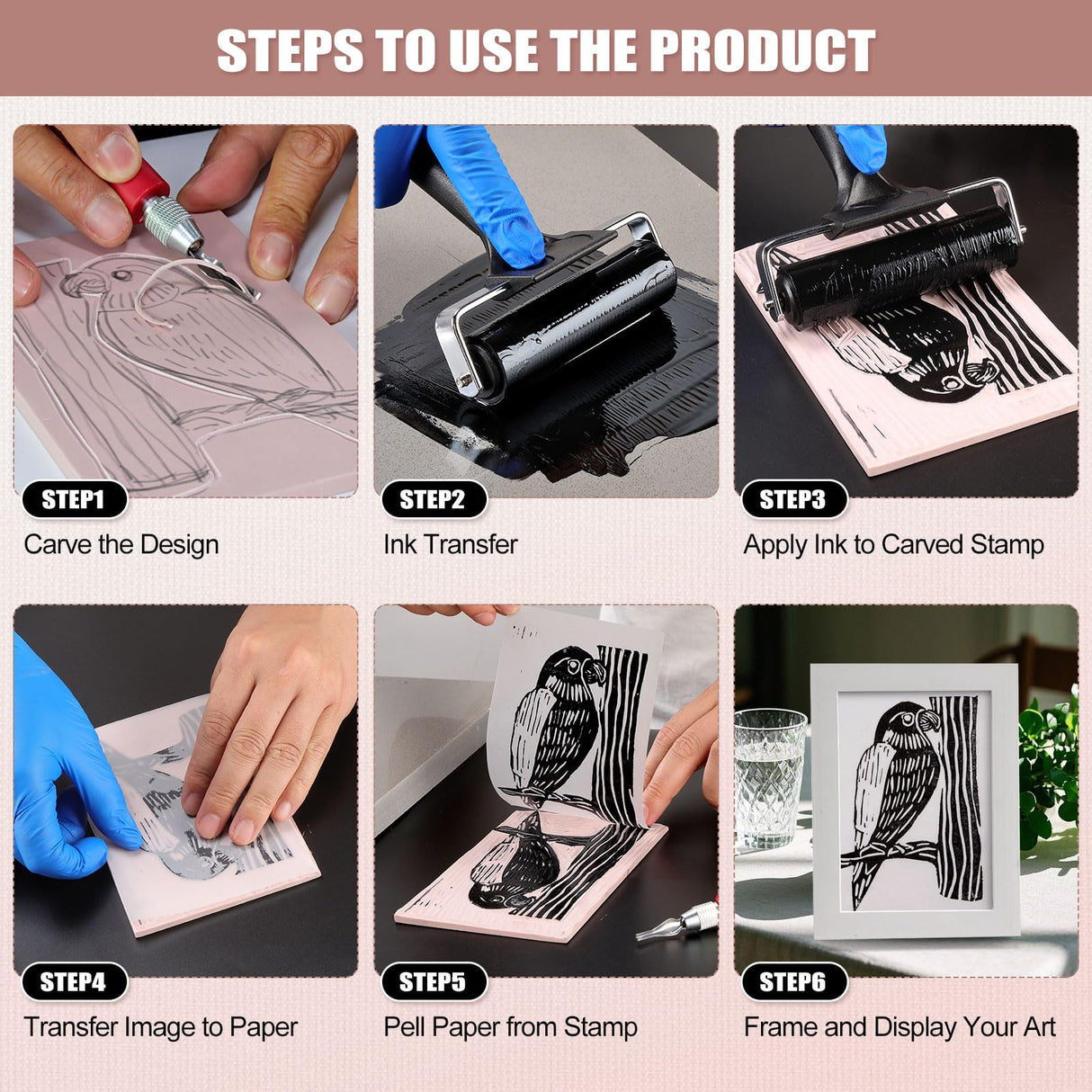 Linocut Kit for Printmaking with 5PCS 4"x6" Soft Rubber Linoleum Blocks, Brayer & Carving Tools – Block Printing & Stamp Making Supplies for Beginners & Artists Bobblebro