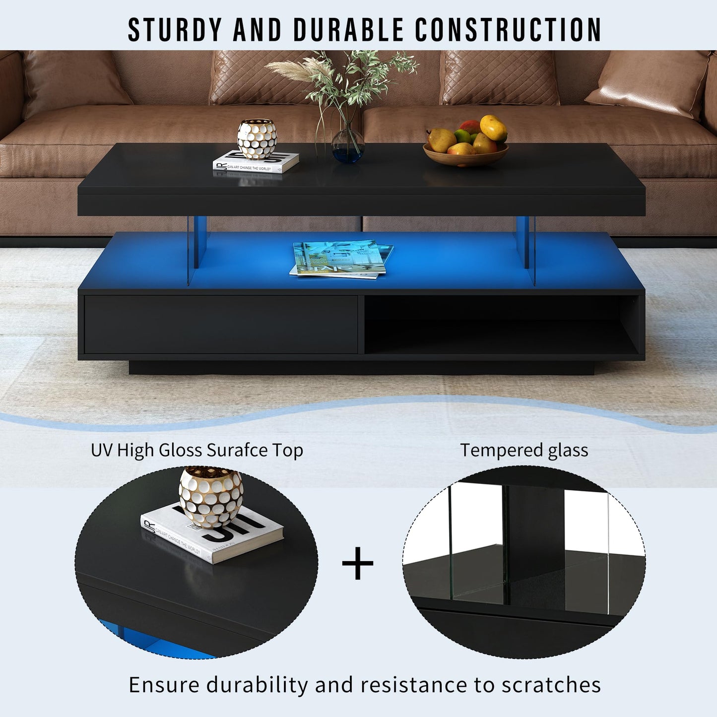 Modern LED Coffee Table with Storage, High Gloss Cocktail Center Table with Drawers, Display Shelves & LED Lights for Living Room, 51.2’’, Black