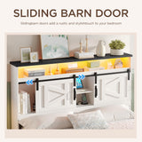 Maupvit Farmhouse Full Size Bed Frame with 4 Drawers and Bookcase Headboard, Sliding Barn Door Storage Shelves, Charging Station，LED Light Metal Platform Bed Frame No Box Spring Needed, White Door K Maupvit