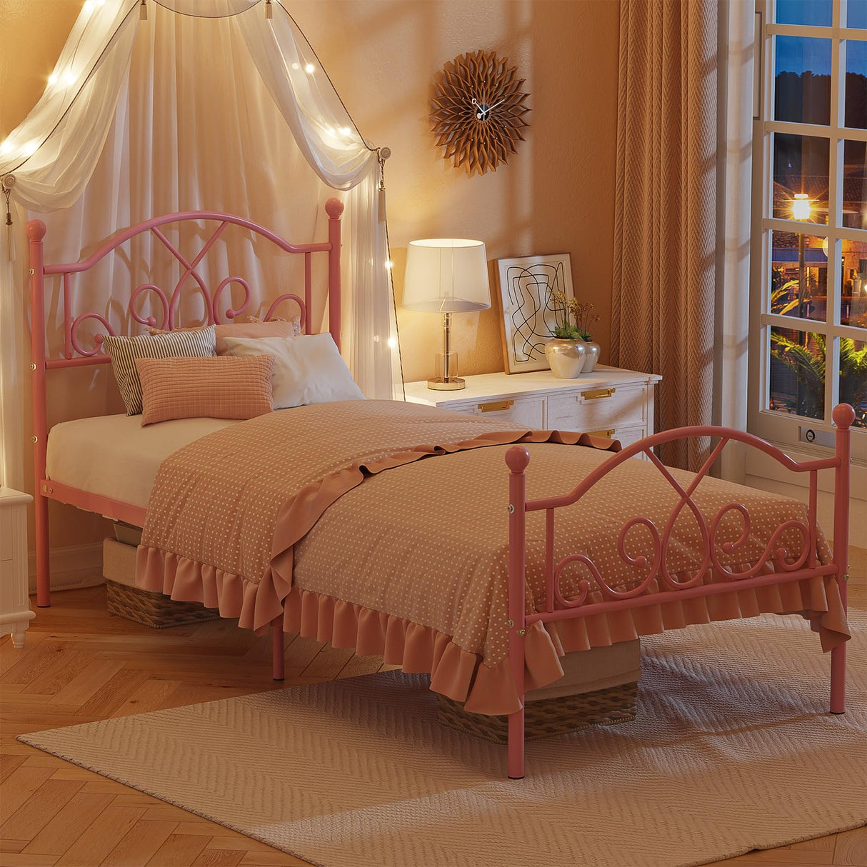 Weehom Twin Bed Frames, Modern Twin Size Metal Bed Frames for Kids Girls, No Box-Spring Needed Twin Platform Bed Frame with Unique Headboard and Footboard, 11.23 Inches Storage Space - Pink Weehom