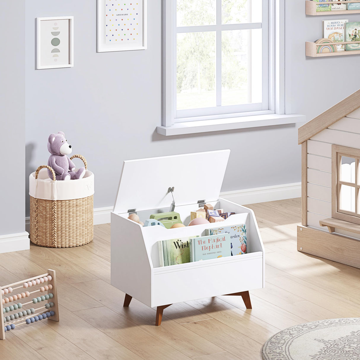 UTEX Kids Toy Box, Wooden Toy Chest, Kids Storage Organizer Bench with Front Book Storage Area for Boys and Girls, Children's Furniture, White UTEX