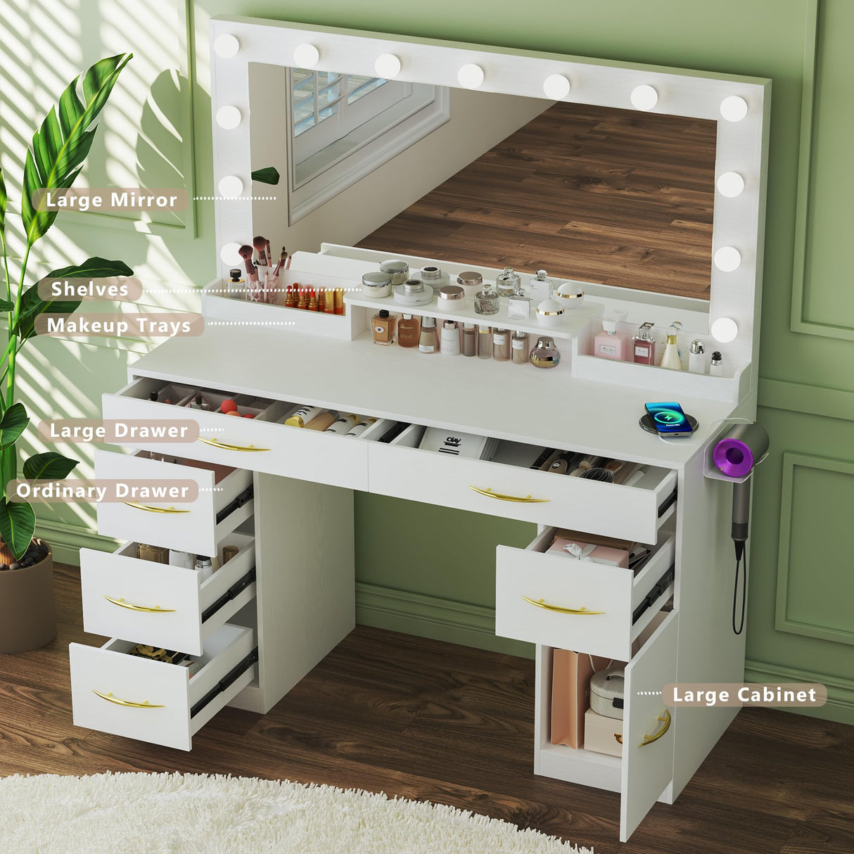 HUAHUU Makeup Vanity Desk with Lights, Vanity Desk with Large Mirror, White Vanity with 6 Large Drawers & 1 Cabinet & Power Outlet, 3 Lighting Color Adjustable, Bedroom HUAHUU