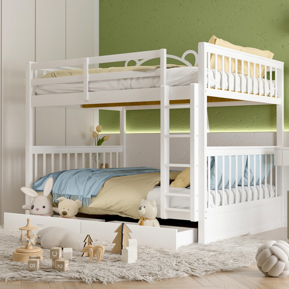 Merax White Convertible Solid Wood Bunk Bed with Ladders and Storage Drawers - Full Over Full Merax