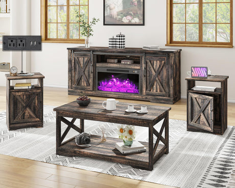 AMERLIFE 5-Piece Farmhouse Table Set Includes Fireplace TV Stand, Coffee Table& Two End Tables with Charging Station and USB Ports, for Living Room, Dark Oak, 63" AMERLIFE
