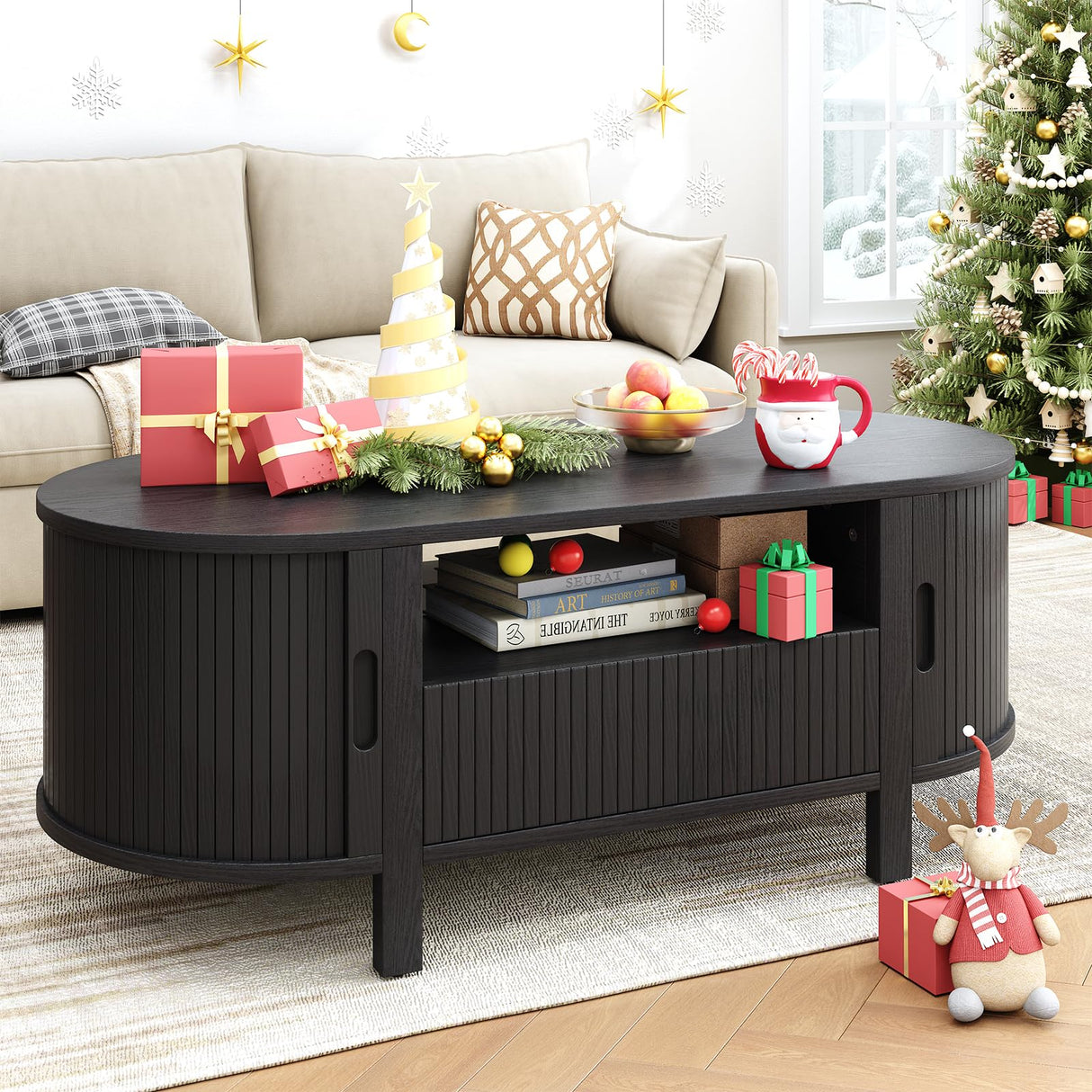 ONBRILL 47.2 Inch Oval Coffee Table with Storage, Mid Century Modern Coffee Table with Drawer, Center Table with Sliding Door and Wood Fluted Handle for Living Room, Black ONBRILL