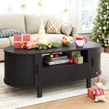 ONBRILL 47.2 Inch Oval Coffee Table with Storage, Mid Century Modern Coffee Table with Drawer, Center Table with Sliding Door and Wood Fluted Handle for Living Room, Black ONBRILL