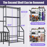 JIRTEMOT Sports Equipment Organizer, Heavy Duty Golf Bags Stand, Extra Large Ball Storage Rack for Garage, Sports Gear Storage with Basket and Hooks, Black JIRTEMOT