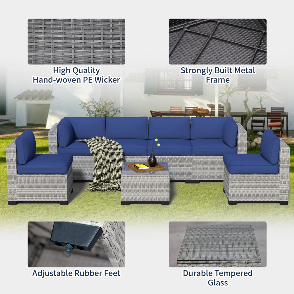 YLGJ&TIDY 7-Piece Outdoor Patio Furniture Set, PE Rattan Sectional Sofa with Waterproof Cushions & Coffee Table, Modern Patio Conversation Set for Patio, Garden, Poolside (7, Greywhite & Navy Blue) YLGJ&TIDY