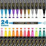 Acrylic Paint Pens Acrylic Paint Markers Set: 24 Dual Tip Acrylic Markers Wood Rock Painting Kit Wine Glass Fabric Permanent Clothes Plastic Canvas Ceramic Scrapbook Fine Gel Arts Crafts Supplies Kids Muchcute