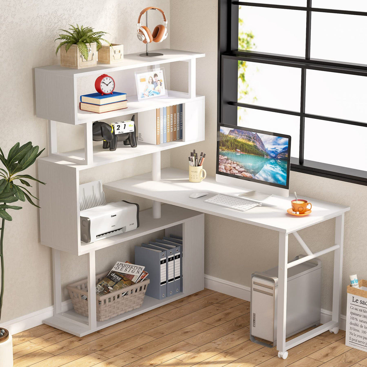 Tribesigns Rotating Computer Desk with 5 Shelves Bookshelf, Modern L-Shaped Corner Desk with Storage, Reversible Office Desk Study Table Writing Desk on Wheels for Home Office (White) Tribesigns