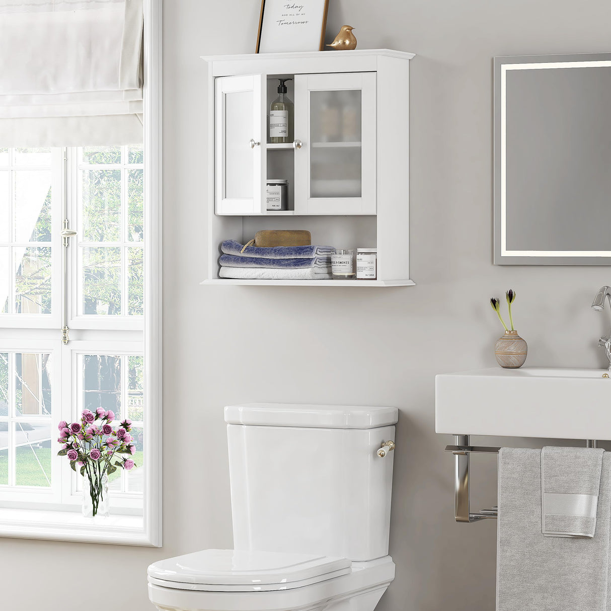 Spirich Bathroom Cabinet Wall Mounted, Medicine Cabinet Organizer with Glass Doors and Adjustable Shelves, Bathroom Wall Cabinet Over Toilet, White Spirich