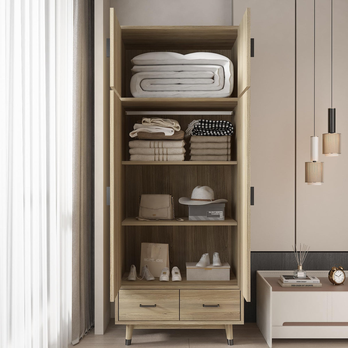 Karl home Armoire Wardrobe Closet 4-Door Storage Pantry Cabinet Modern Wood Closet with 2 Drawers, 2 Adjustable Shelves, Hanging Rod, Freestanding Pantry Cabinet for Bedroom, Oak Karl home