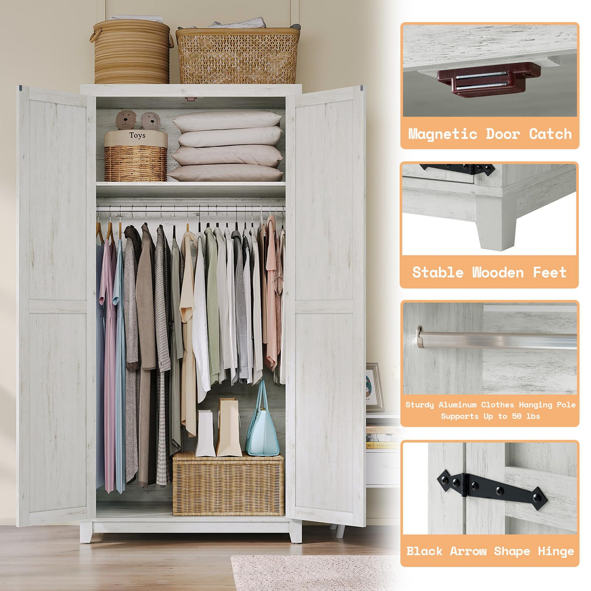 AMERLIFE Set of 2 Farmhouse Armoire Wardrobe Closet with 2 Barn Doors, 71'' Storage Cabinet with Shelf & Hanging Rod, Versatile Clothing Storage for Bedroom, Distressed White AMERLIFE