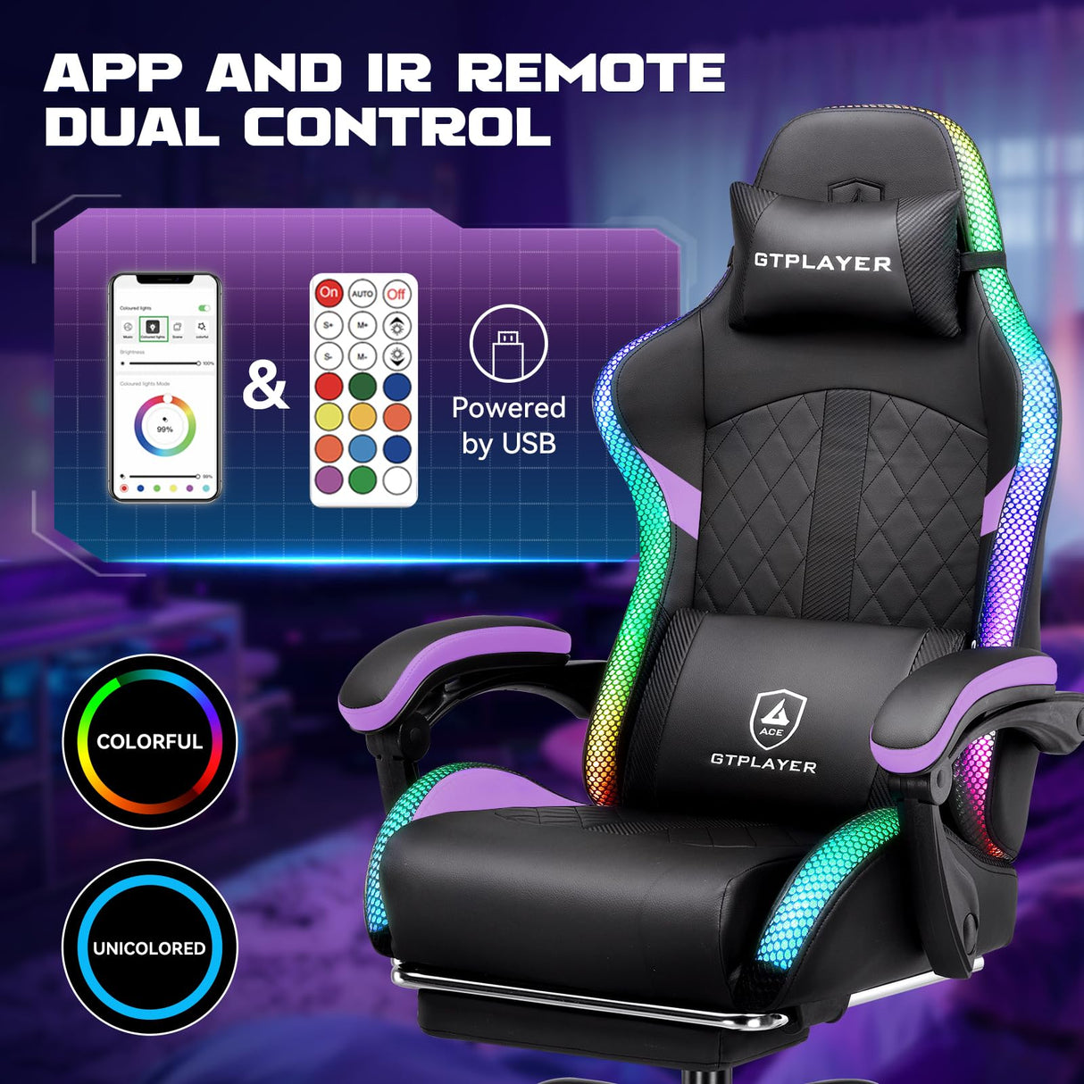 GTPLAYER RGB Gaming Chair with Speakers, Computer Chair with Footrest and LED Lights, High Back Reclining Office Chair with Headrest, 360°Swivel Chair (Purple) GTPLAYER