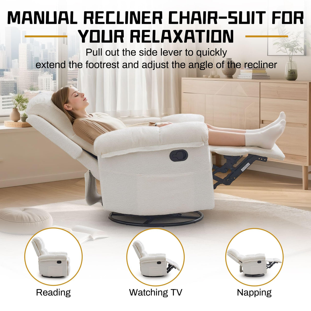 Korser Recliner Chair, Swivel Rocker Recliner Chair for Adults, Small Recliners for Small Spaces, Upholstered Manual Recliner with Side Pockets, Nursery Rocking Chair for Living Room, Chenille, Beige Korser