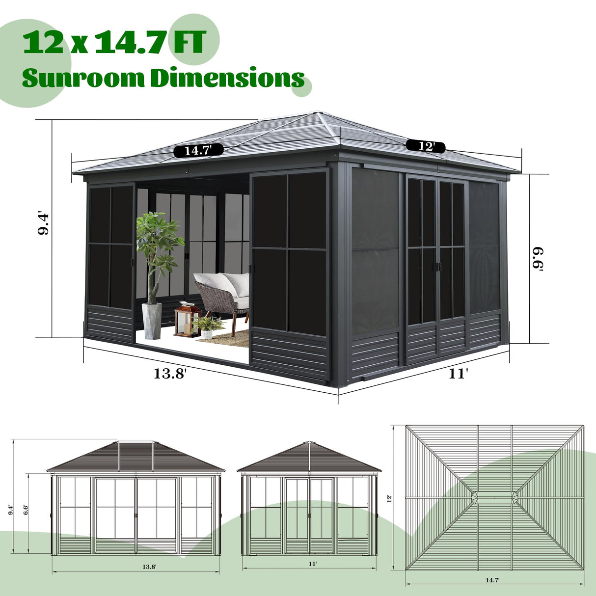 Domi 12x15FT Outdoor Sunroom, All-Season Solarium Gazebo with Galvanized Steel Roof, 4 Sliding Doors, Detachable PVC Screen, Aluminum Permanent Sun Room for Patio Deck Garden domi outdoor living