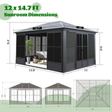 Domi 12x15FT Outdoor Sunroom, All-Season Solarium Gazebo with Galvanized Steel Roof, 4 Sliding Doors, Detachable PVC Screen, Aluminum Permanent Sun Room for Patio Deck Garden domi outdoor living