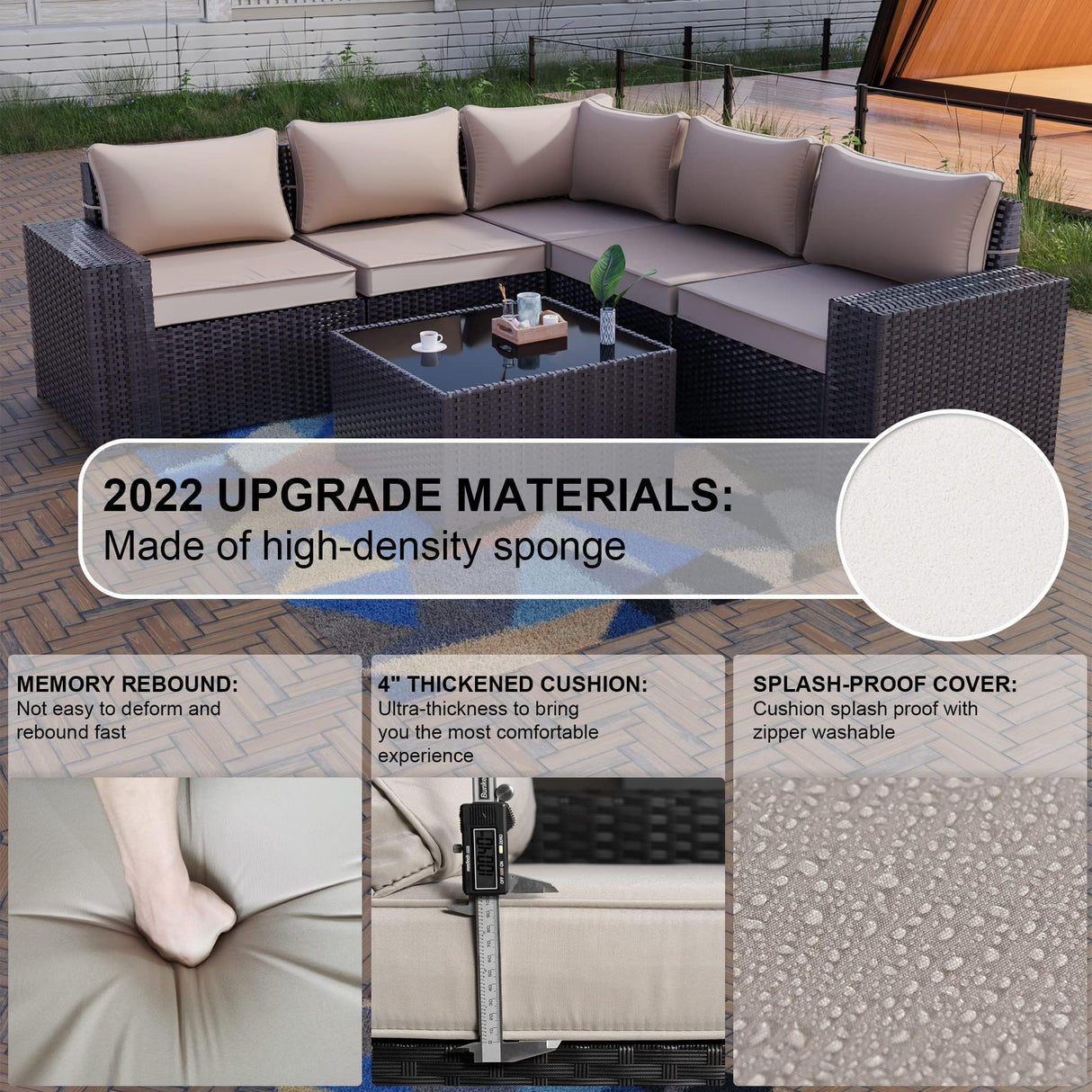 Kullavik 6PCS Outdoor Patio Furniture Set PE Wicker Rattan Sectional Sofa Patio Conversation Sets,Khaki Kullavik